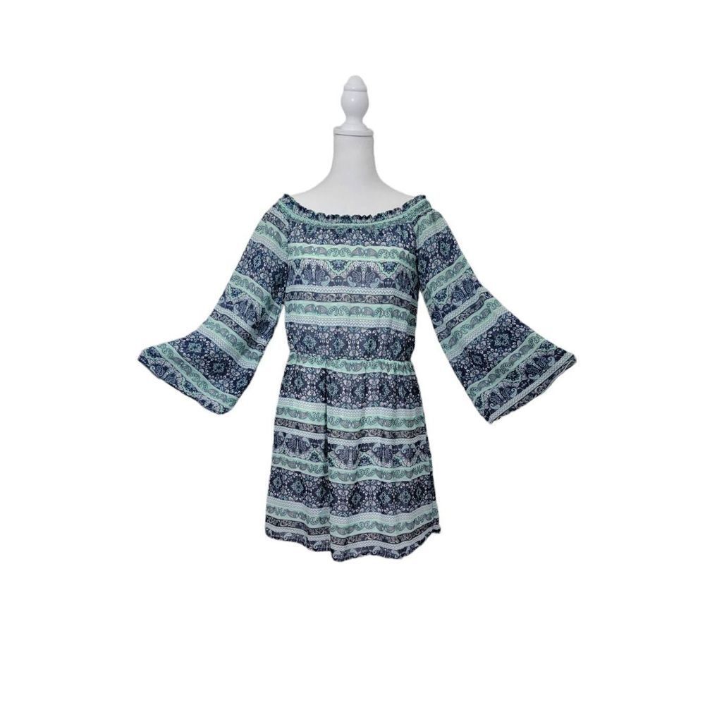 Alya Dress Mini Women's Small Blue & Teal 3/4 Bell Sleeve Boho